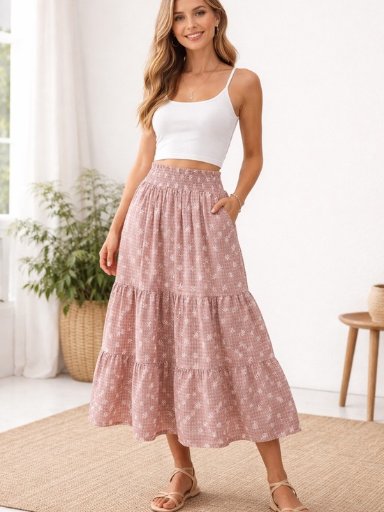 En Saison Dresses & Skirts - En Saison Dusty Rose Plaid Floral Tiered Maxi Skirt